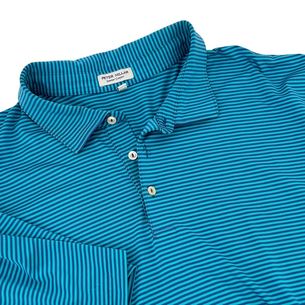 Peter Millar Summer Comfort Polo Shirt Mens 3XL Blue Teal Striped Golf Short Slv